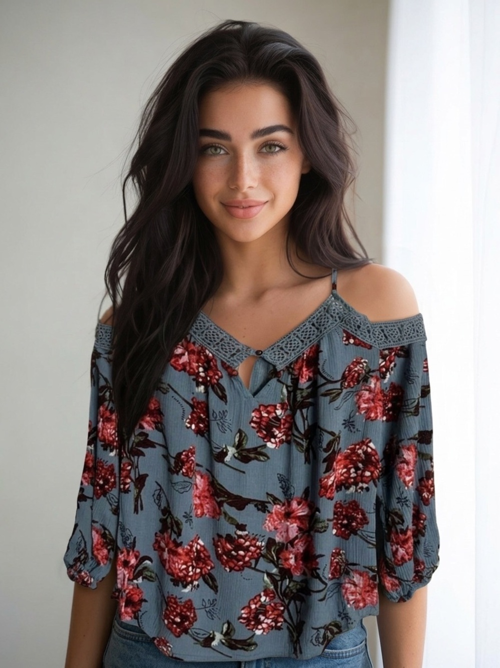 Blue Floral Cold Shoulder Lace Trim Blouse Long Sleeve Top Size XS